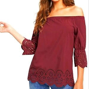 Off shoulder laser cut scallop and eyelet hem top XL in Burgundy